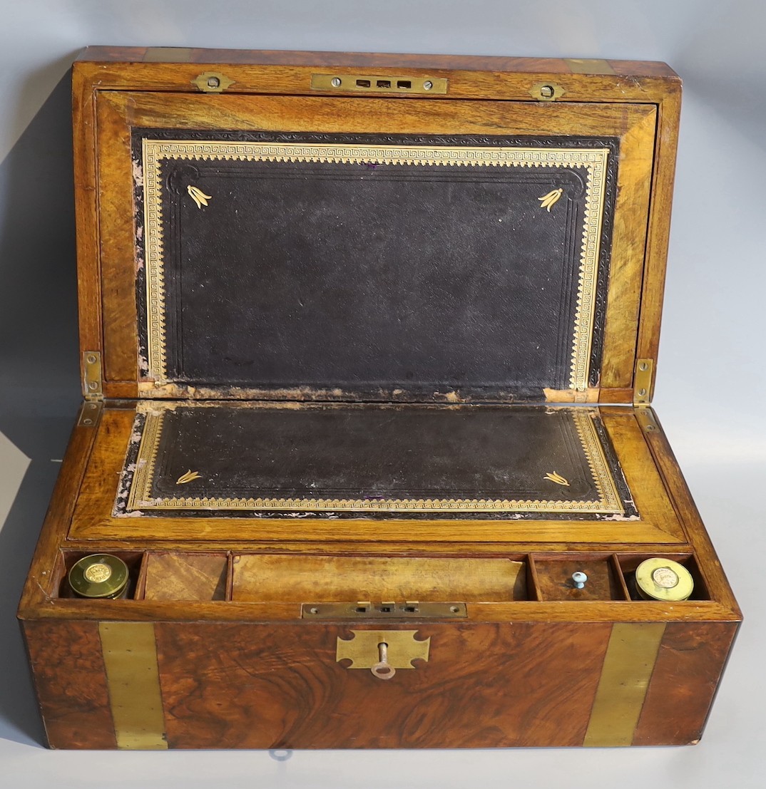 A Victorian brass mounted figured walnut writing slope, width 45cm